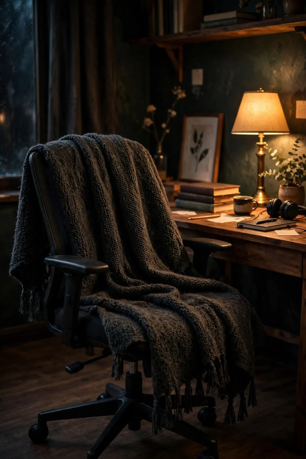 17 Dark Cozy Office Ideas With Moody, Rich Textures 16 A dark wool throw blanket draped over an office chair, warm lamp light, moody cozy room