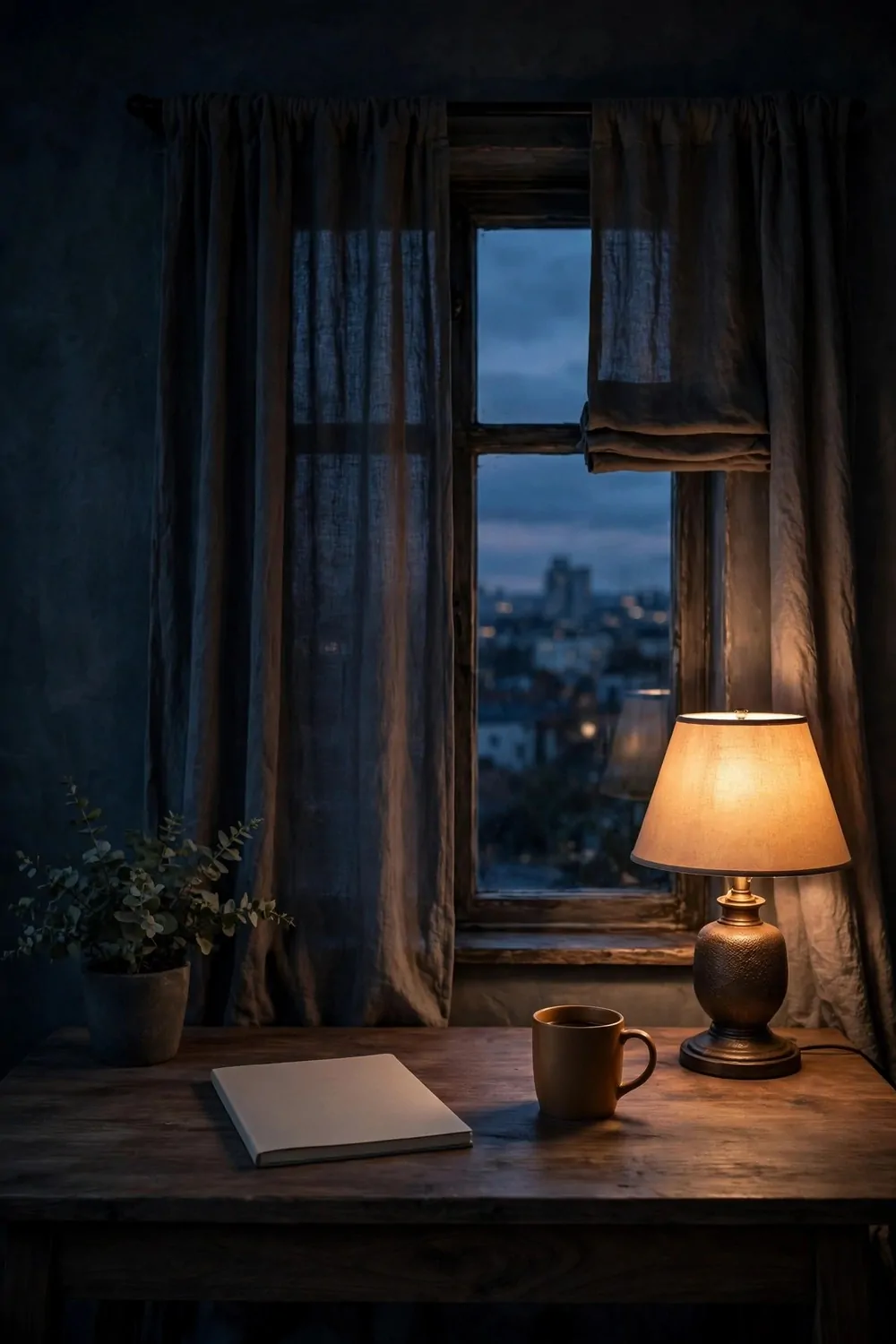 17 Dark Cozy Office Ideas With Moody, Rich Textures 17 A dark moody home office at dusk, warm lamp glowing, curtains half closed, calm