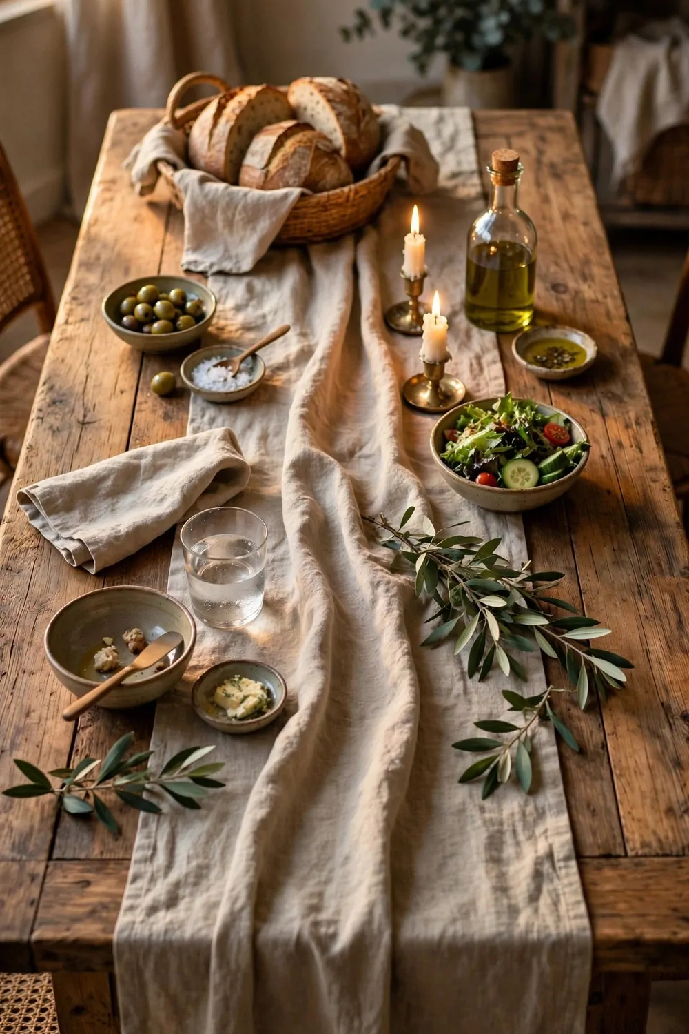 17 Dining Room Table Decor Ideas for Everyday Meals 1 A long linen table runner down the middle of a wooden dining table, warm light, cozy everyday meal setting