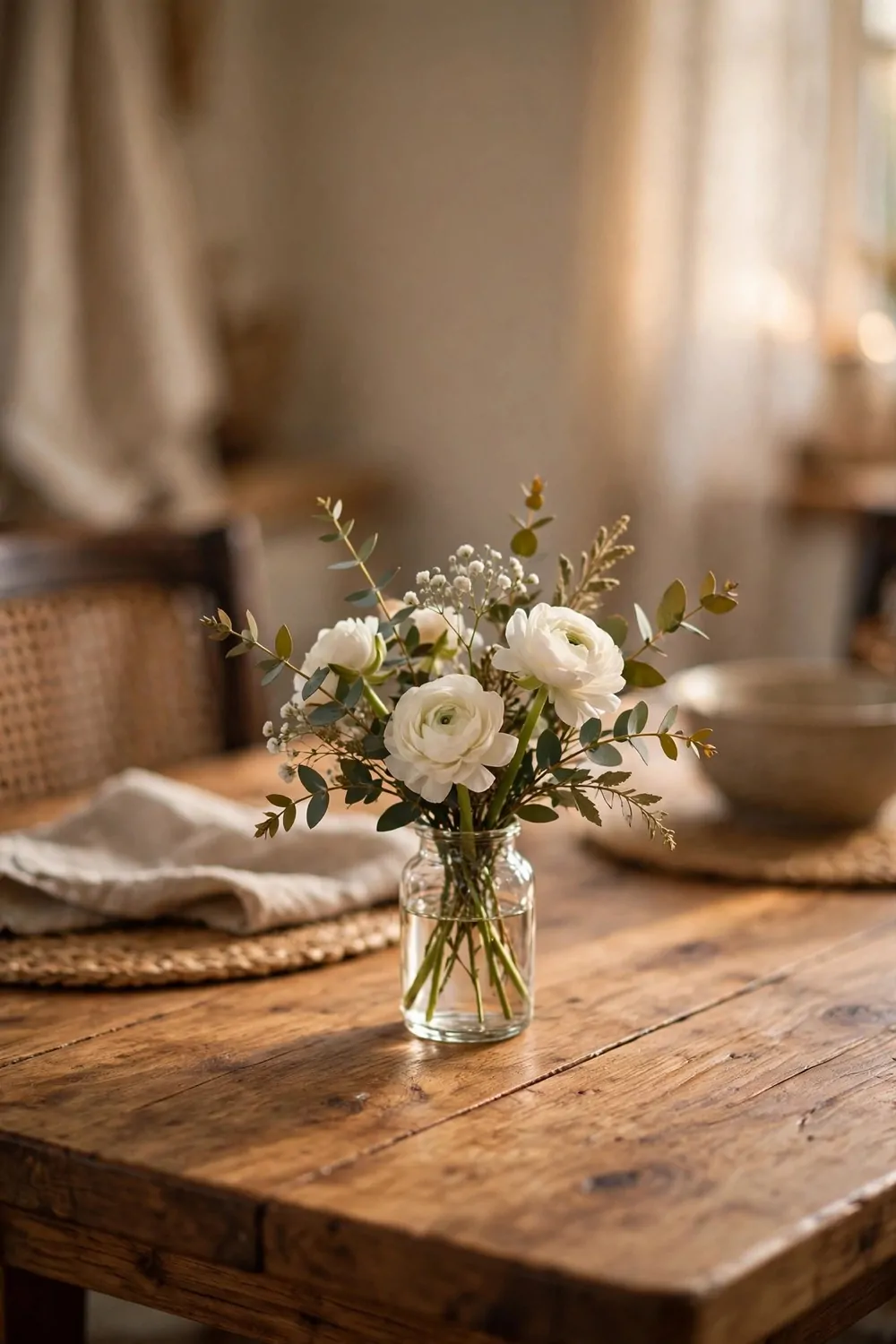 17 Dining Room Table Decor Ideas for Everyday Meals 2 A small glass vase with fresh flowers on a wooden dining table, warm light, simple centerpiece