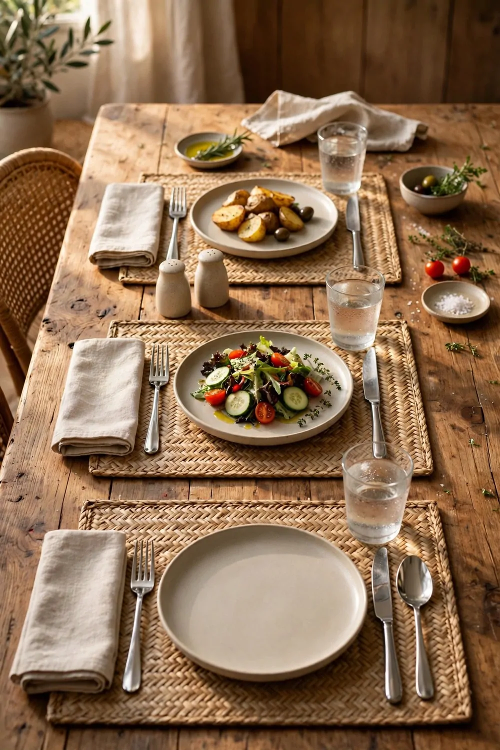 17 Dining Room Table Decor Ideas for Everyday Meals 3 Woven placemats on a wooden dining table with plates and cutlery, warm light, tidy everyday meal