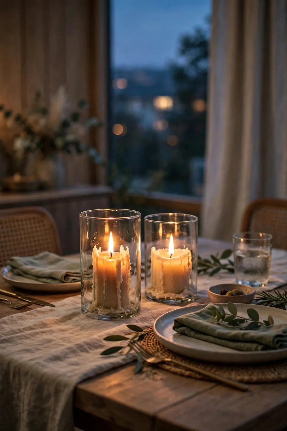 17 Dining Room Table Decor Ideas for Everyday Meals 4 Two lit candles in glass holders on a dining table at dusk, warm glow, cozy dinner setting
