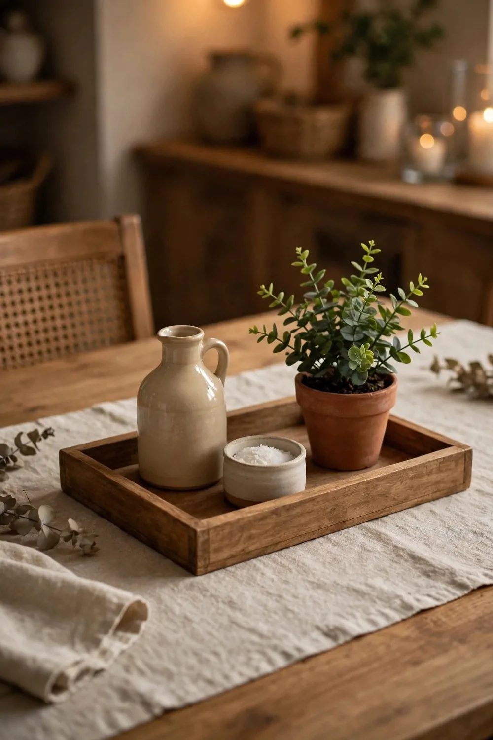 17 Dining Room Table Decor Ideas for Everyday Meals 5 A wooden tray in the middle of a dining table holding a small jug, salt and a plant, warm light