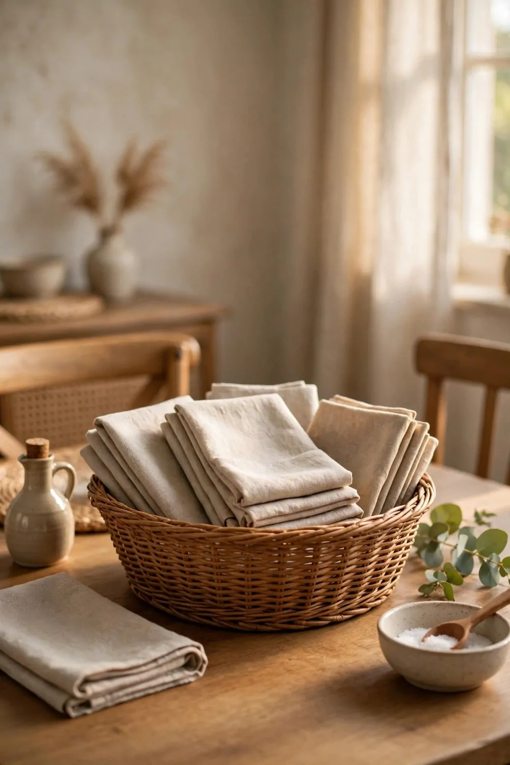 17 Dining Room Table Decor Ideas for Everyday Meals 6 Cloth napkins folded in a woven basket on a dining table, warm light, tidy and calm