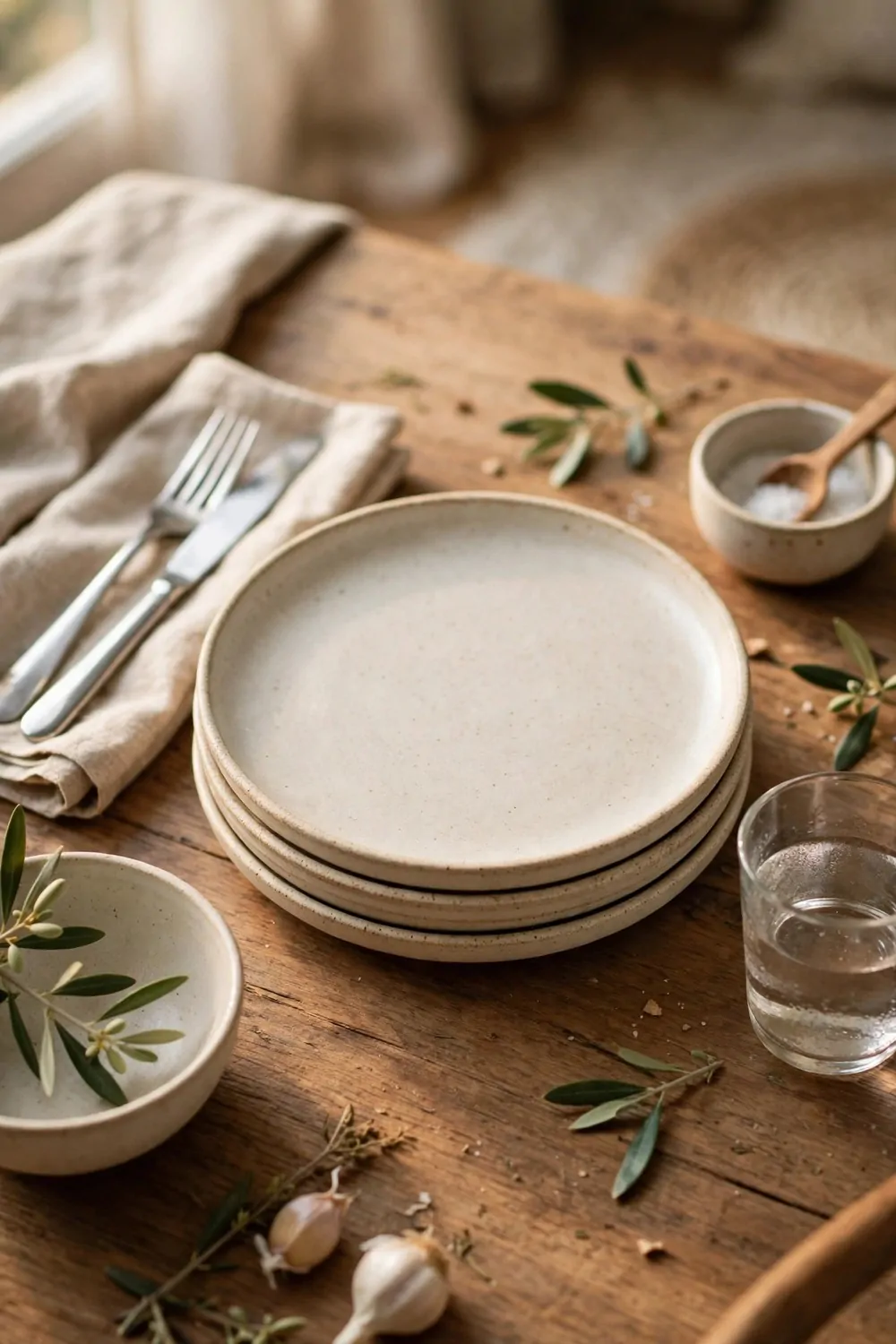 17 Dining Room Table Decor Ideas for Everyday Meals 7 Matching ceramic plates stacked on a wooden dining table, warm light, simple table setting