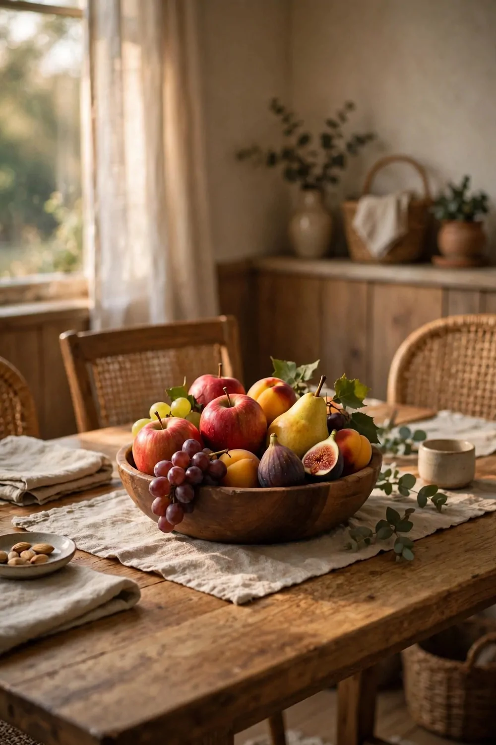 17 Dining Room Table Decor Ideas for Everyday Meals 8 A wooden bowl of fresh fruit in the middle of a dining table, warm light, everyday centerpiece