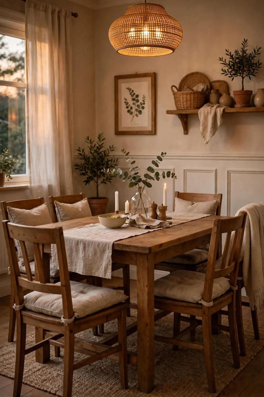 17 Dining Room Table Decor Ideas for Everyday Meals 9 Wooden dining chairs with soft cushions around a table, warm light, cozy family dining room