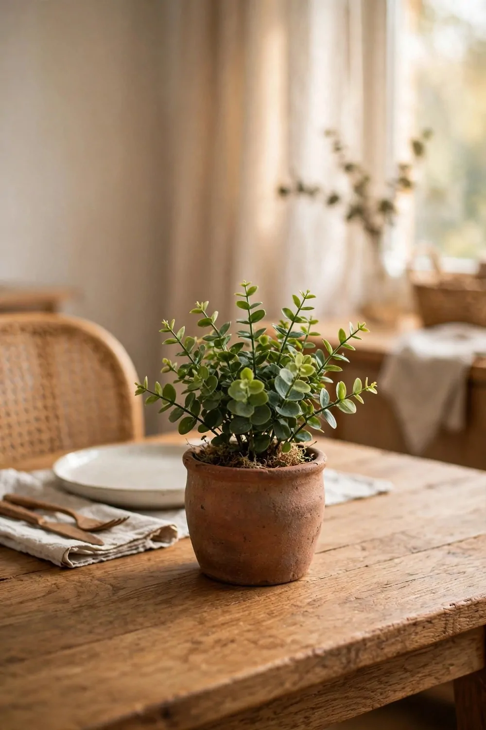 17 Dining Room Table Decor Ideas for Everyday Meals 10 A small green plant in a clay pot on a dining table, warm light, fresh and calm