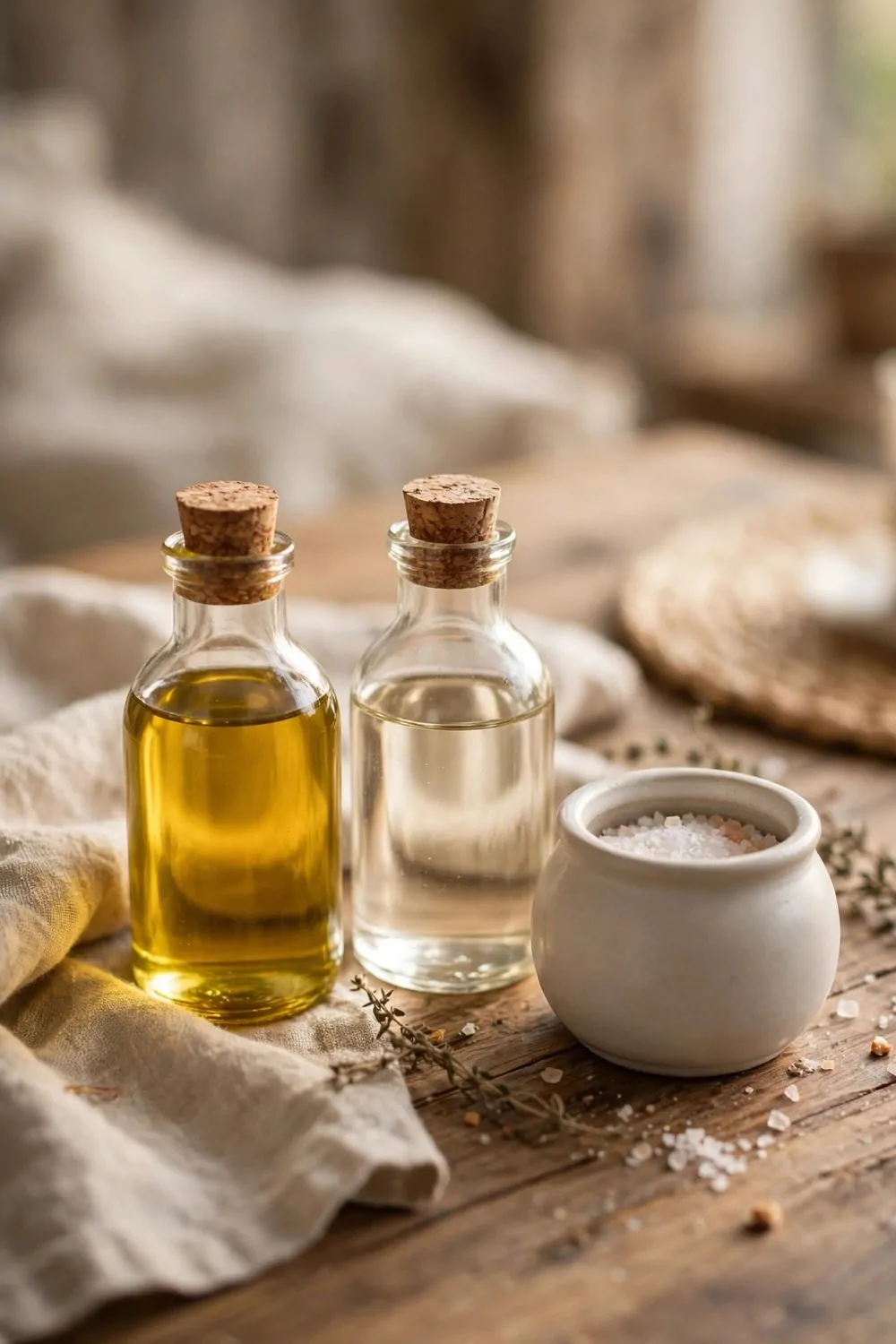 17 Dining Room Table Decor Ideas for Everyday Meals 11 Small bottles of oil and vinegar and a salt pot on a dining table, warm light, everyday meal