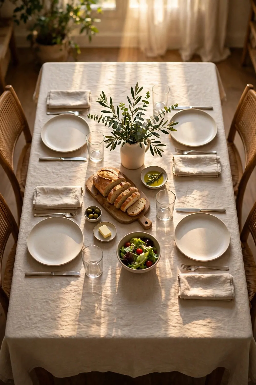17 Dining Room Table Decor Ideas for Everyday Meals 12 A dining table with a plain linen tablecloth, plates and glasses, warm light, Sunday meal setting