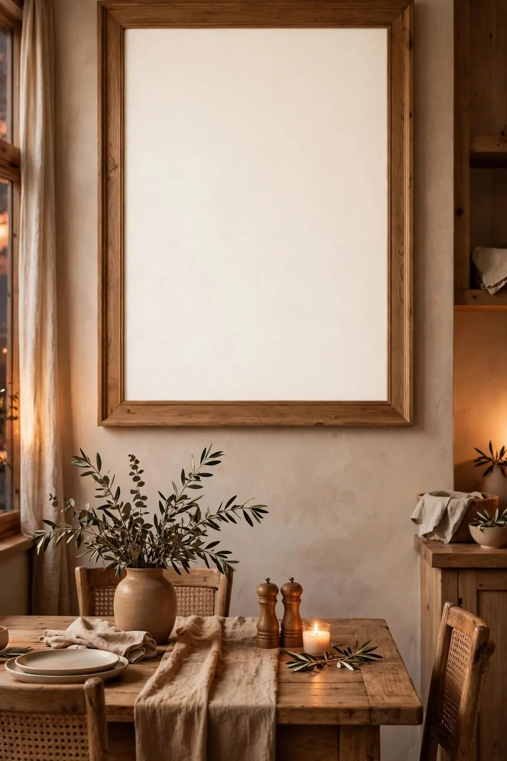 17 Dining Room Table Decor Ideas for Everyday Meals 13 One large framed picture on a dining room wall above a table, warm light, blank picture inside the frame