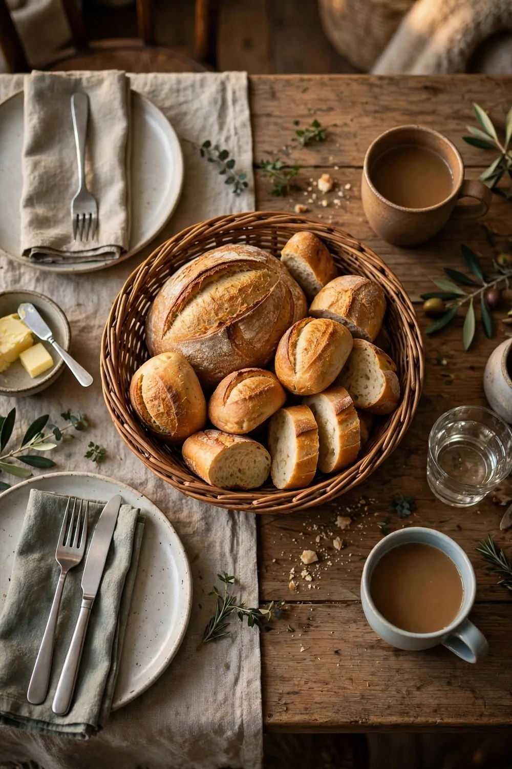 17 Dining Room Table Decor Ideas for Everyday Meals 14 A woven basket of fresh bread in the middle of a dining table, warm light, cozy everyday meal