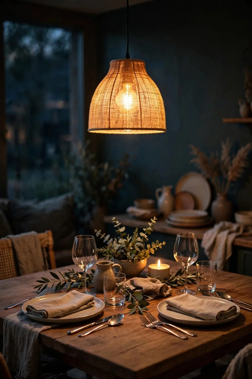 17 Dining Room Table Decor Ideas for Everyday Meals 15 A warm pendant light glowing over a dining table set for dinner, soft light, cozy evening