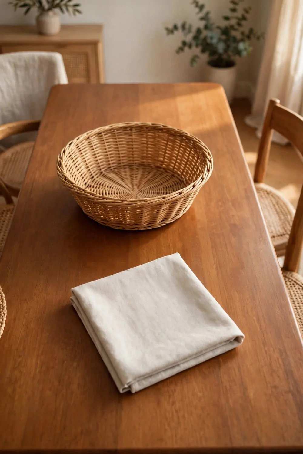 17 Dining Room Table Decor Ideas for Everyday Meals 16 A clean tidy dining table after a quick reset, empty basket and a cloth, warm light