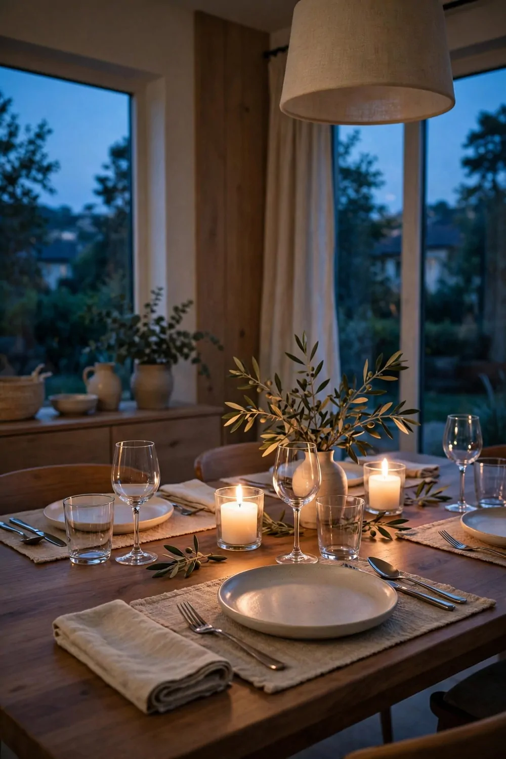 17 Dining Room Table Decor Ideas for Everyday Meals 17 A calm dining room at dusk with a warm candle glow, set table and soft light