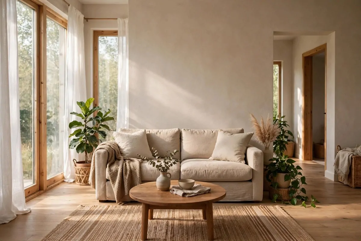 A calm balanced living room with green plants and soft natural light styled with feng shui principles