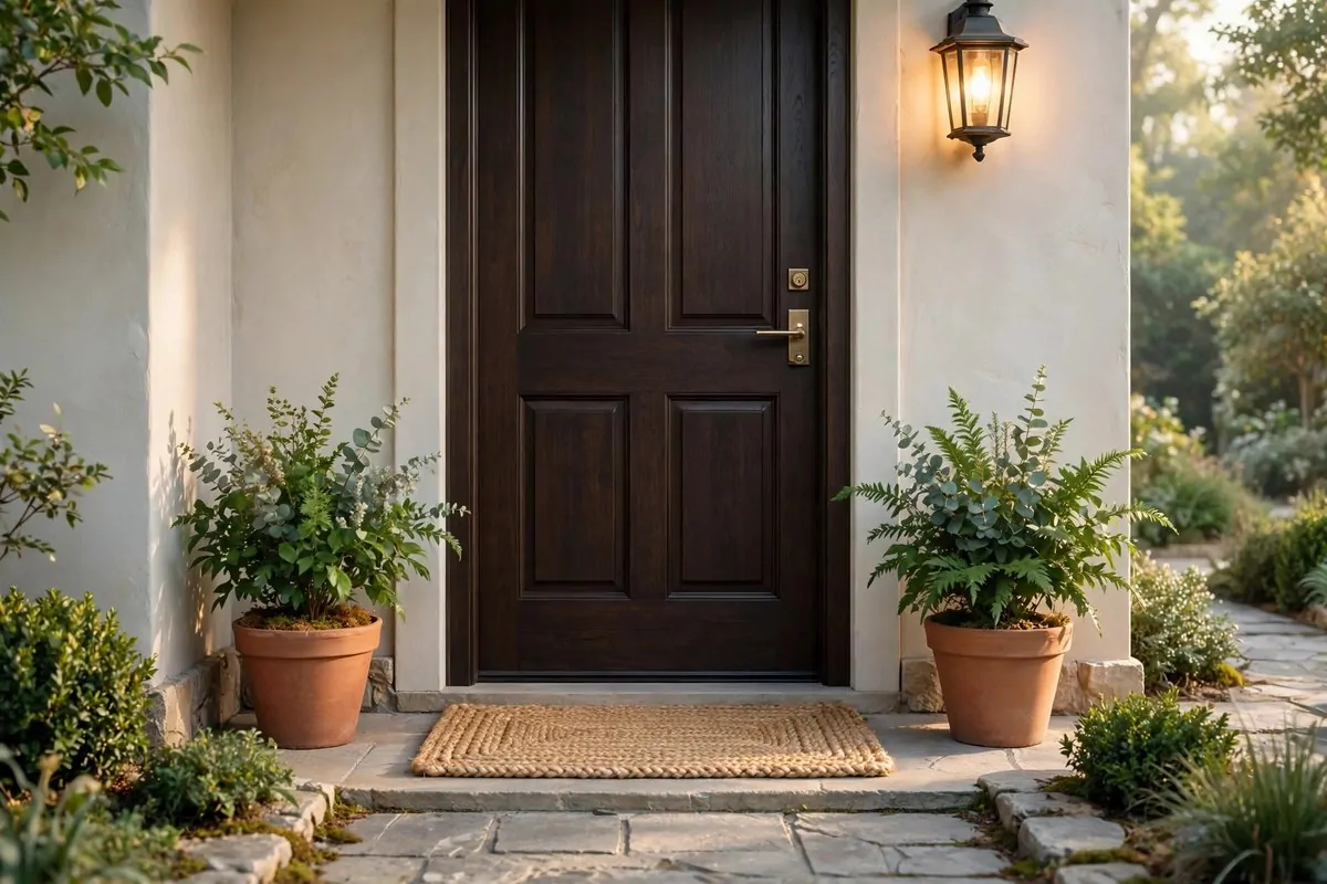 17 Feng Shui Home Ideas That Bring Good Energy Into Every Room 2 A welcoming front door with a fresh doormat, potted plants and warm light