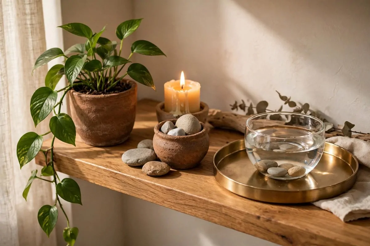 17 Feng Shui Home Ideas That Bring Good Energy Into Every Room 4 A living room showing all five feng shui elements with plants, candles, wood and metal decor