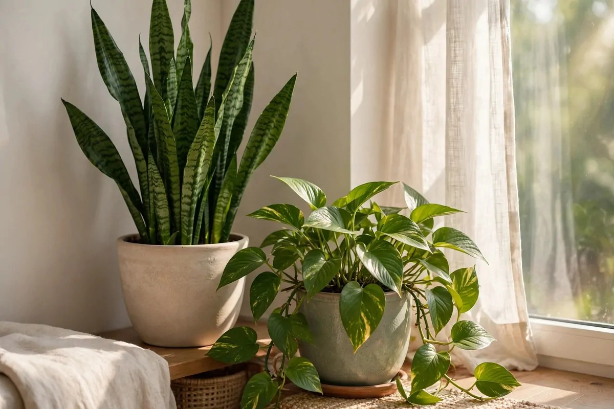 17 Feng Shui Home Ideas That Bring Good Energy Into Every Room 5 Healthy green houseplants in a bright living room corner with soft sunlight