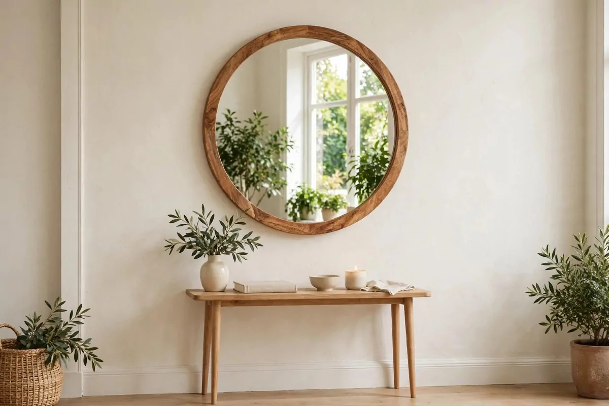 17 Feng Shui Home Ideas That Bring Good Energy Into Every Room 6 A round mirror on a living room wall reflecting a window and plants