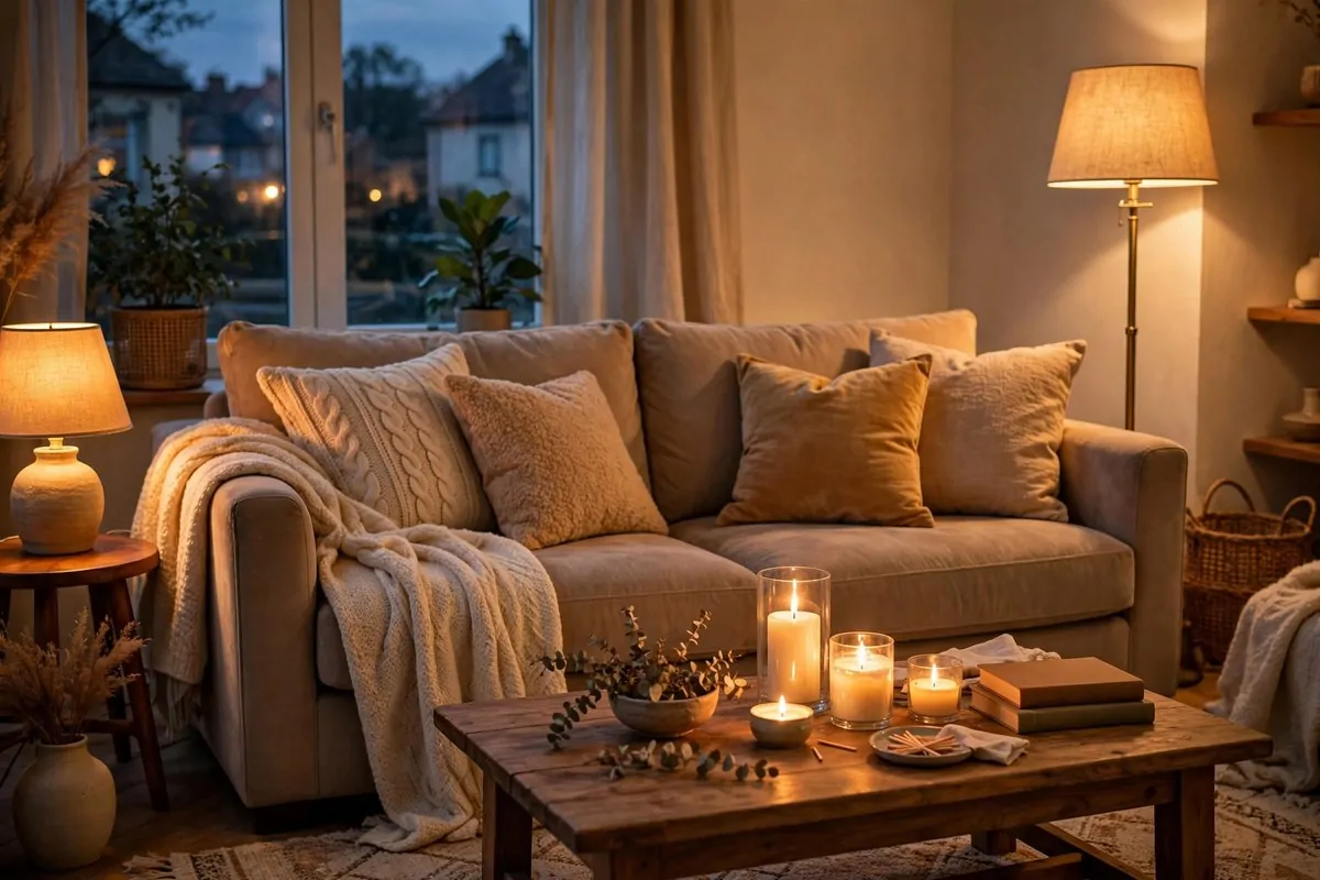 17 Feng Shui Home Ideas That Bring Good Energy Into Every Room 7 A cozy living room at dusk with warm layered lighting from lamps and candles