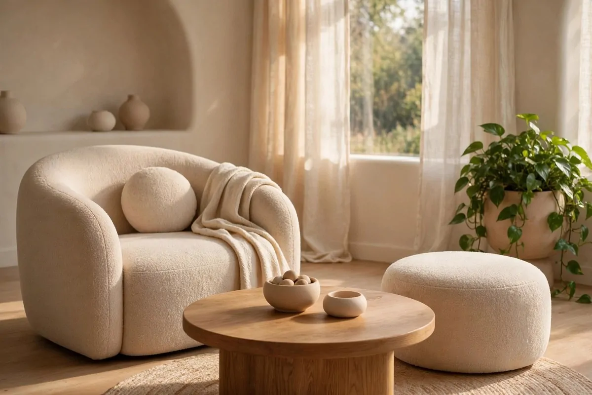 17 Feng Shui Home Ideas That Bring Good Energy Into Every Room 8 A living room with rounded furniture, a round coffee table and soft curved decor