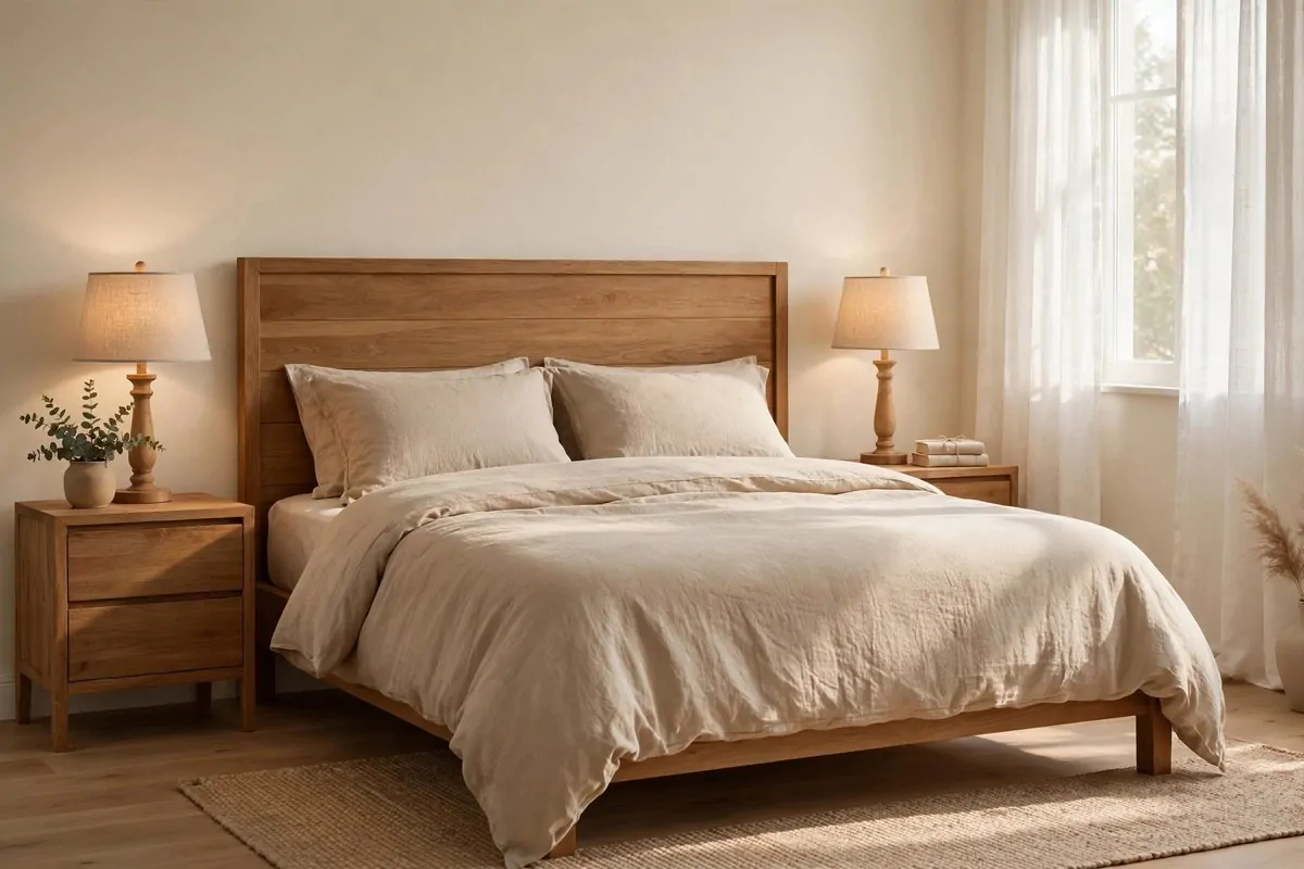 17 Feng Shui Home Ideas That Bring Good Energy Into Every Room 9 A calm bedroom with a solid wooden headboard, matching nightstands and soft bedding