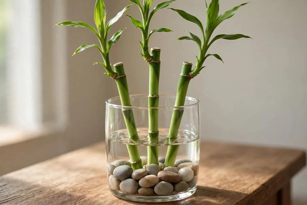 17 Feng Shui Home Ideas That Bring Good Energy Into Every Room 11 A lucky bamboo arrangement in a glass vase with water and pebbles on an entry table