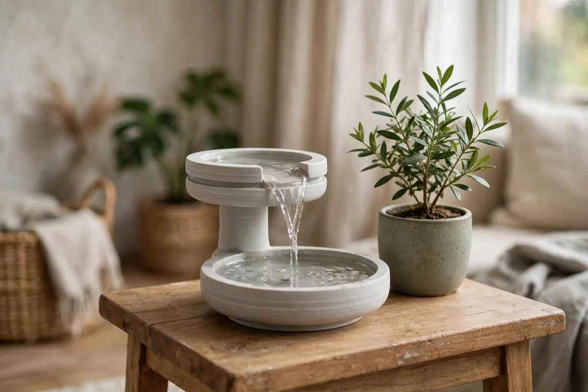 17 Feng Shui Home Ideas That Bring Good Energy Into Every Room 12 A small tabletop water fountain with flowing water beside a green plant