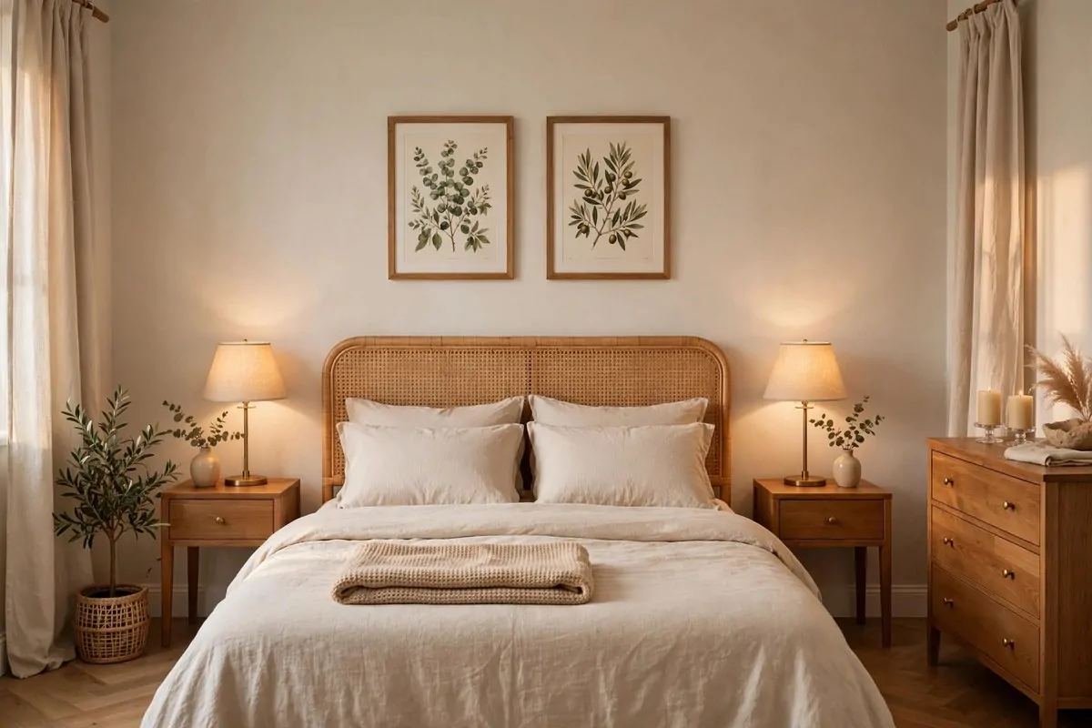 17 Feng Shui Home Ideas That Bring Good Energy Into Every Room 13 A bedroom with matching nightstands, lamps and framed art arranged in pairs