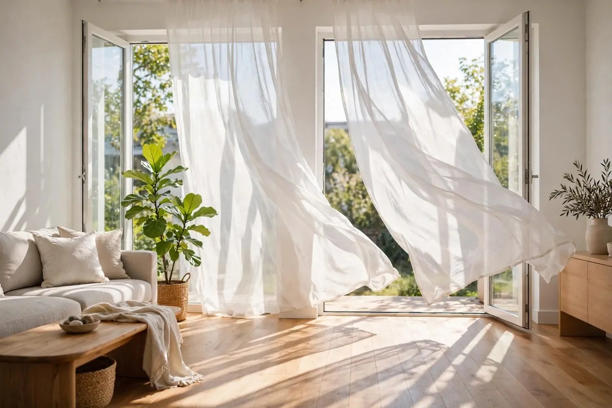 17 Feng Shui Home Ideas That Bring Good Energy Into Every Room 14 A bright airy room with open windows, sheer curtains blowing and sunlight streaming in