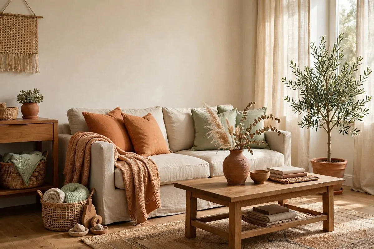 17 Feng Shui Home Ideas That Bring Good Energy Into Every Room 15 A living room with warm earthy tones, beige sofa and soft green and terracotta accents
