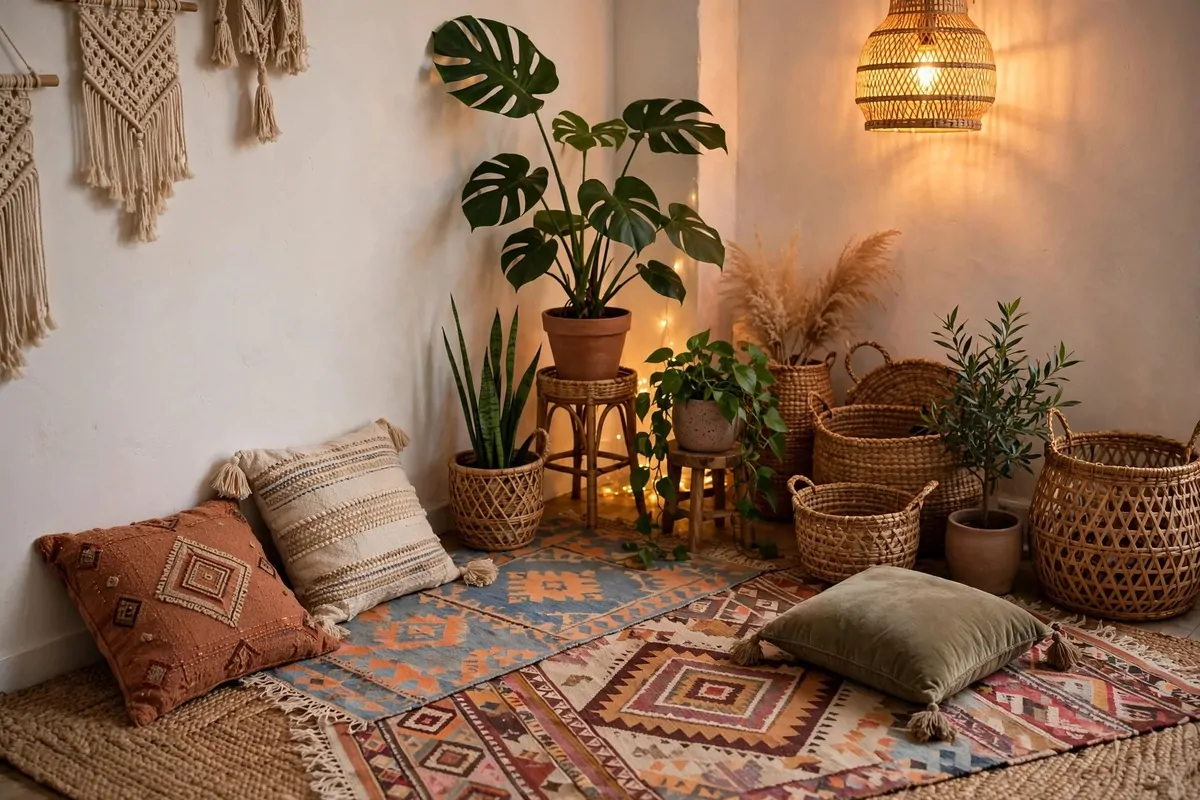 17 Group Photo Studio Ideas That Fit Everyone in Frame 15 Group Photo Studio Ideas with a boho rug corner styled with plants and baskets