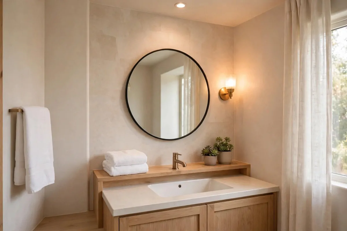 A bright guest bathroom with white towels, a round mirror, a small plant and warm light, clean and calm