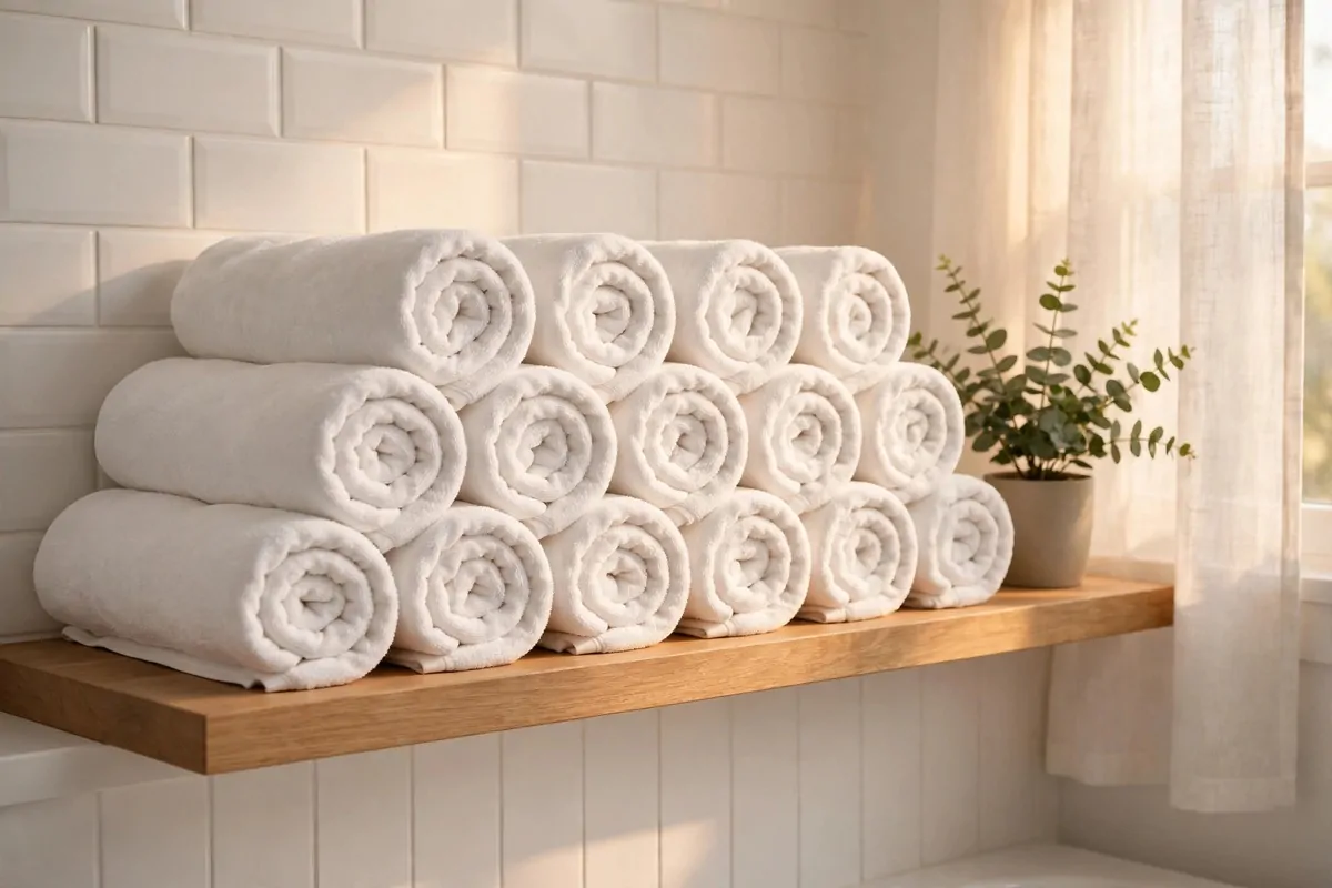17 Guest Bathroom Ideas That Feel Like a Hotel Stay 1 Rolled white towels stacked neatly on a wooden shelf in a bright bathroom, warm light, tidy