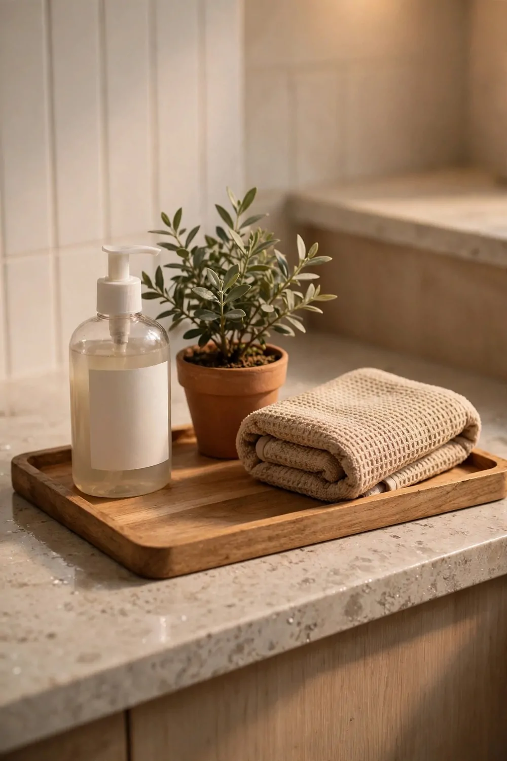 17 Guest Bathroom Ideas That Feel Like a Hotel Stay 2 A wooden tray on a bathroom counter with a soap bottle, a small plant and a folded towel, warm light, tidy