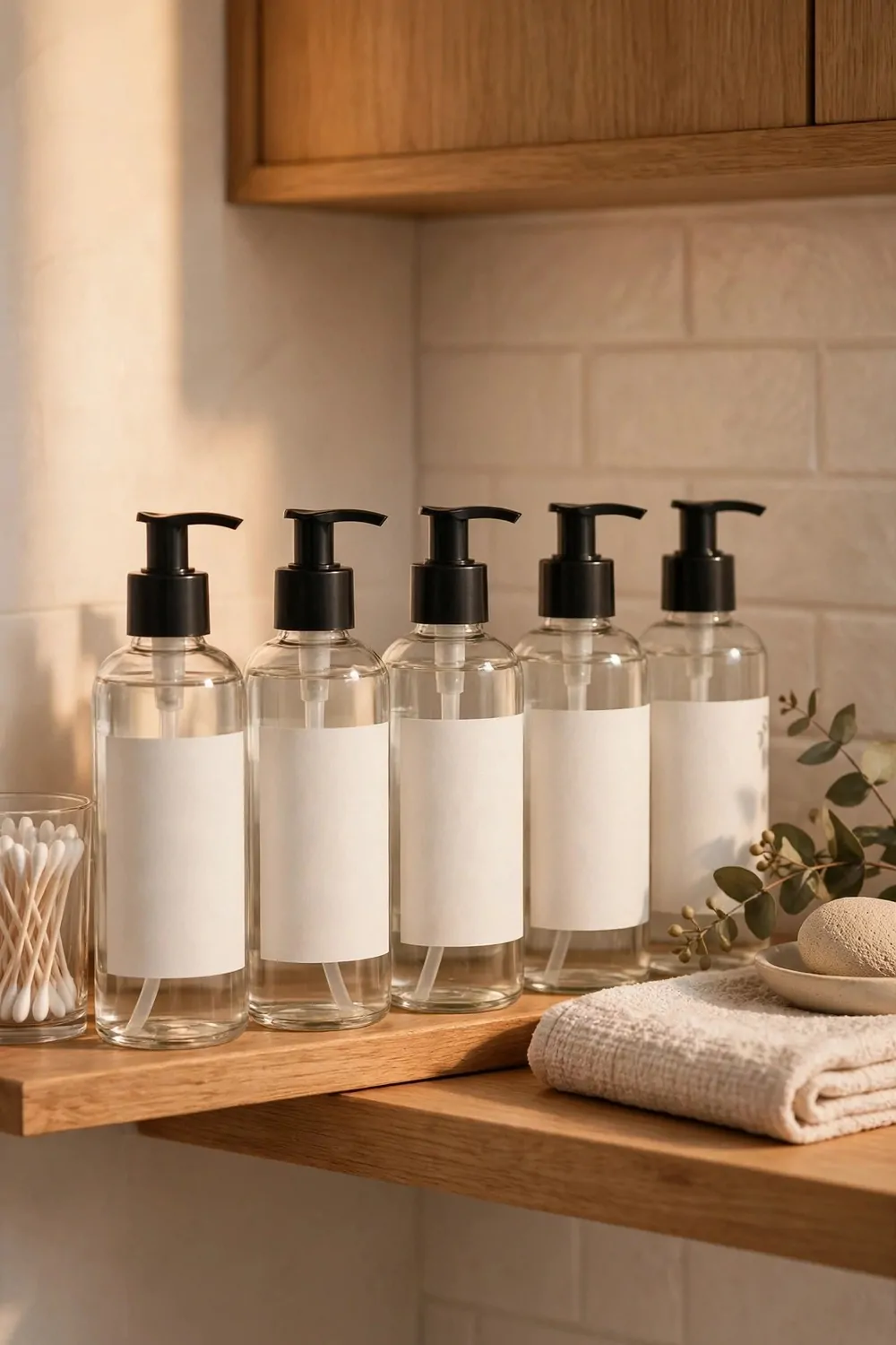 17 Guest Bathroom Ideas That Feel Like a Hotel Stay 3 Matching bottles with blank labels on a bathroom shelf, warm light, neat and tidy