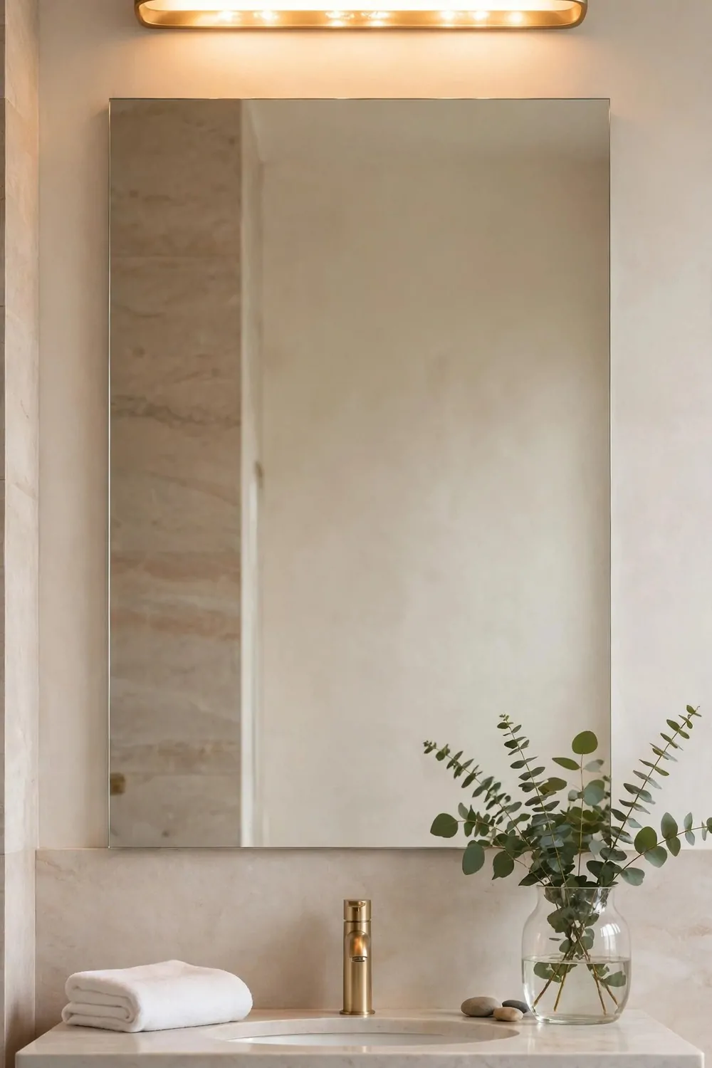 17 Guest Bathroom Ideas That Feel Like a Hotel Stay 4 A warm glowing light above a bathroom mirror, soft light, calm and fresh