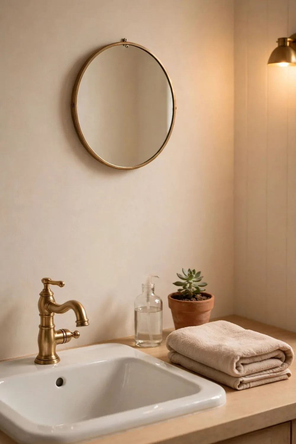 17 Guest Bathroom Ideas That Feel Like a Hotel Stay 5 A small round mirror above a bathroom sink with a folded towel, warm light, tidy