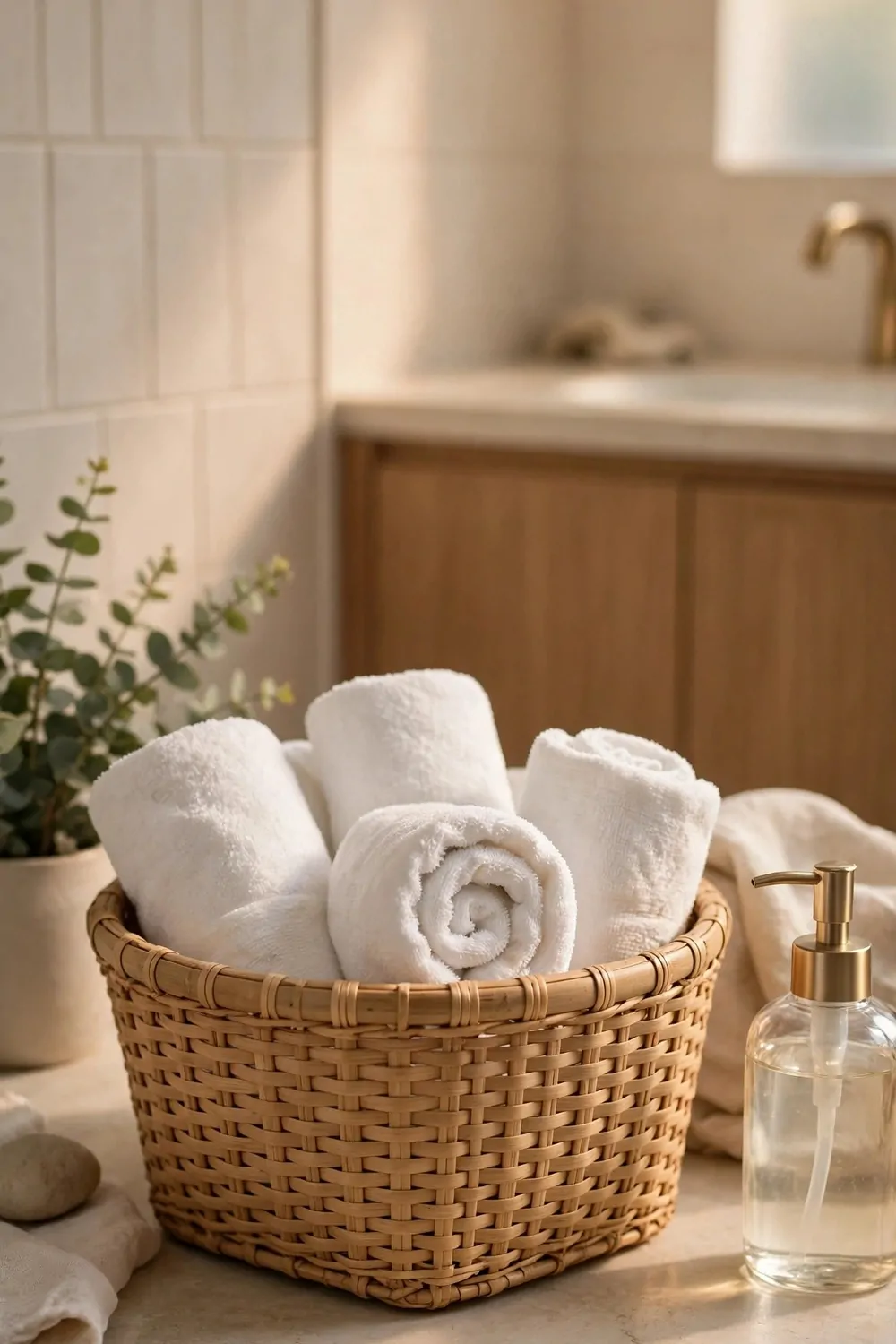 17 Guest Bathroom Ideas That Feel Like a Hotel Stay 6 A woven basket with rolled white hand towels in a bathroom, warm light, tidy and calm