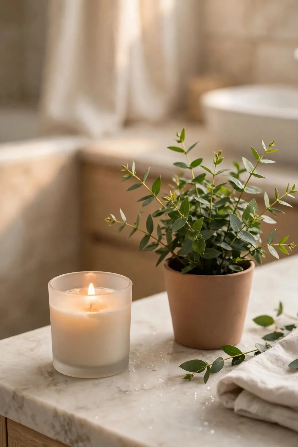 17 Guest Bathroom Ideas That Feel Like a Hotel Stay 7 A small scented candle and a green plant on a bathroom counter, warm light, fresh and calm