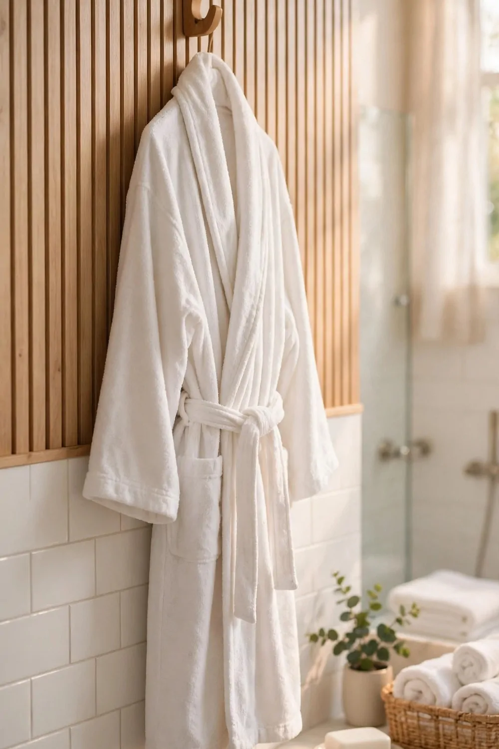 17 Guest Bathroom Ideas That Feel Like a Hotel Stay 8 A soft white robe hanging on a wooden hook in a bright bathroom, warm light, tidy
