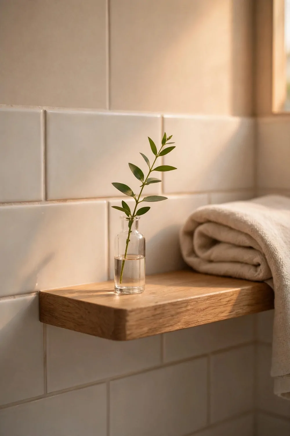 17 Guest Bathroom Ideas That Feel Like a Hotel Stay 9 A tiny glass vase with one green stem on a bathroom shelf, warm light, fresh and calm