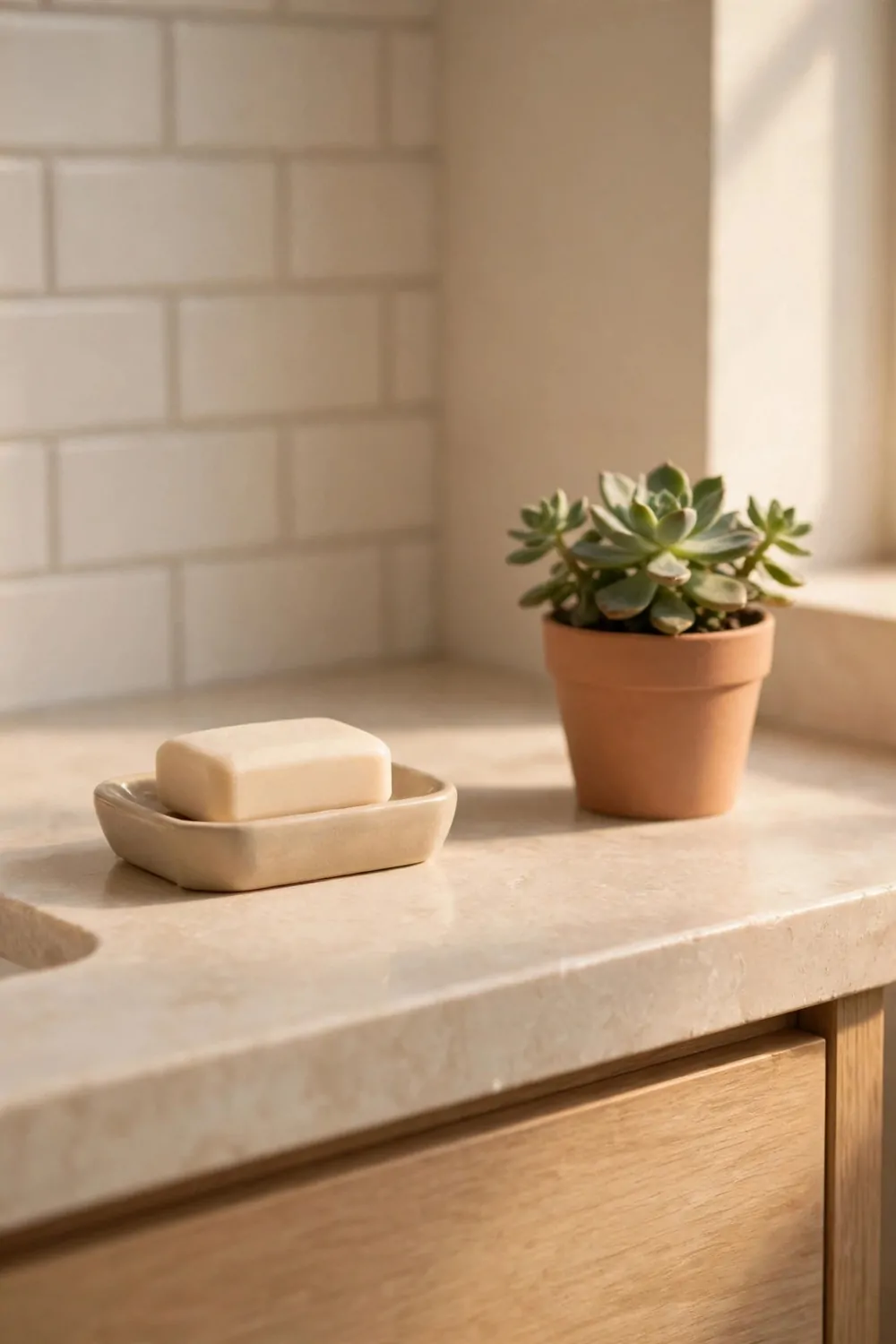 17 Guest Bathroom Ideas That Feel Like a Hotel Stay 10 A clear empty bathroom counter with a soap dish and a small plant, warm light, tidy