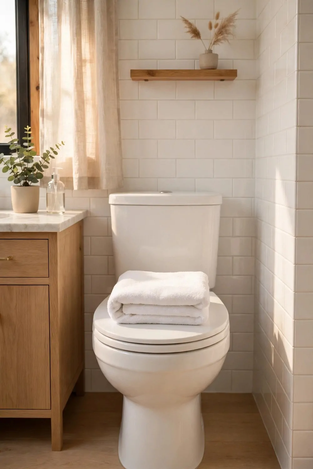 17 Guest Bathroom Ideas That Feel Like a Hotel Stay 11 A folded white towel on a closed toilet lid in a bright bathroom, warm light, tidy