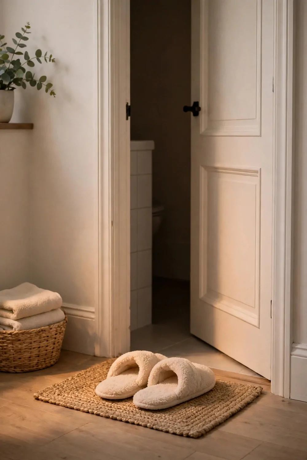 17 Guest Bathroom Ideas That Feel Like a Hotel Stay 12 Soft slippers waiting by a bathroom door on a small rug, warm light, tidy and calm