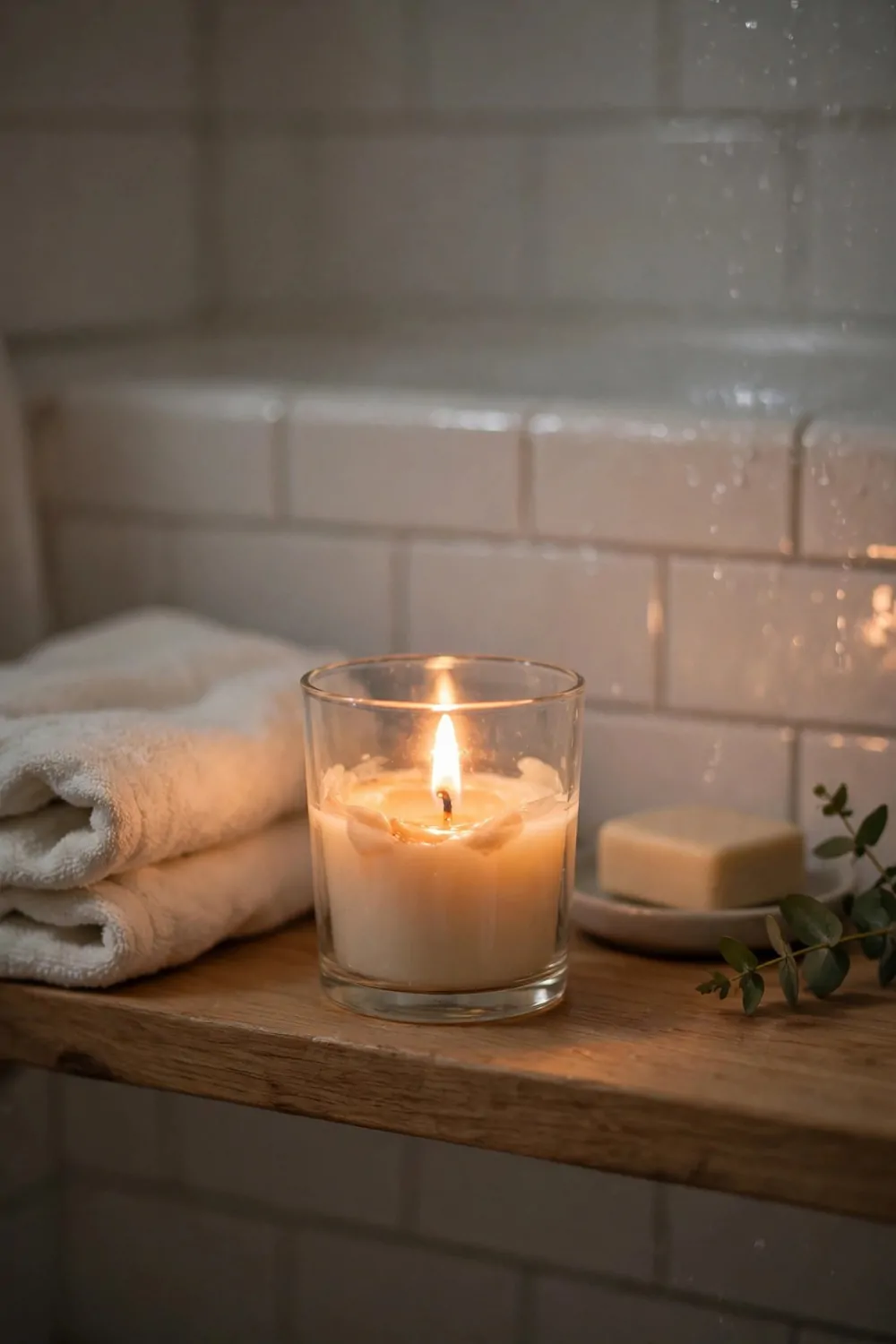 17 Guest Bathroom Ideas That Feel Like a Hotel Stay 13 A lit candle in a plain glass holder on a bathroom shelf, warm glow, cozy and calm