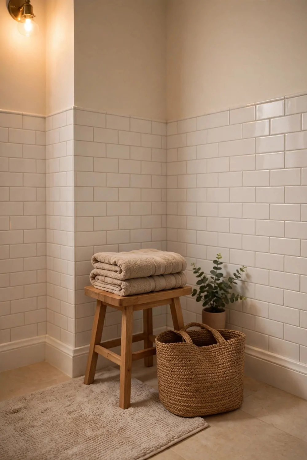 17 Guest Bathroom Ideas That Feel Like a Hotel Stay 14 A small stool in a bathroom corner with a folded towel and a bag, warm light, tidy