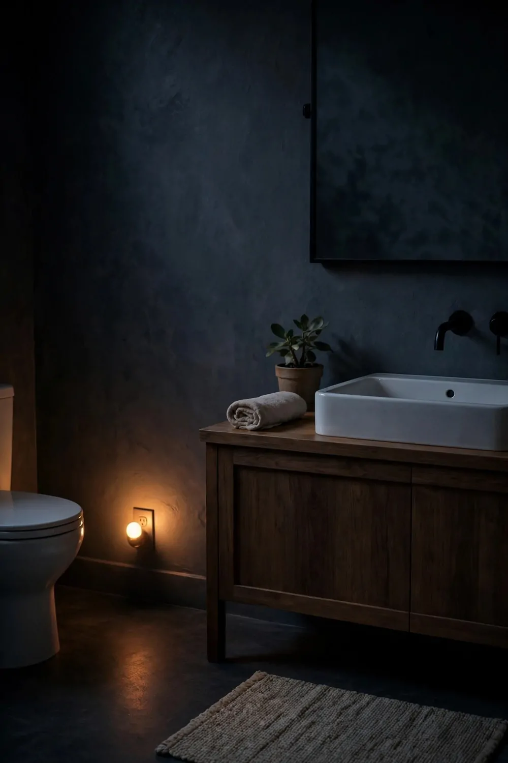 17 Guest Bathroom Ideas That Feel Like a Hotel Stay 15 A soft night light glowing in a dark bathroom, warm light, calm and quiet