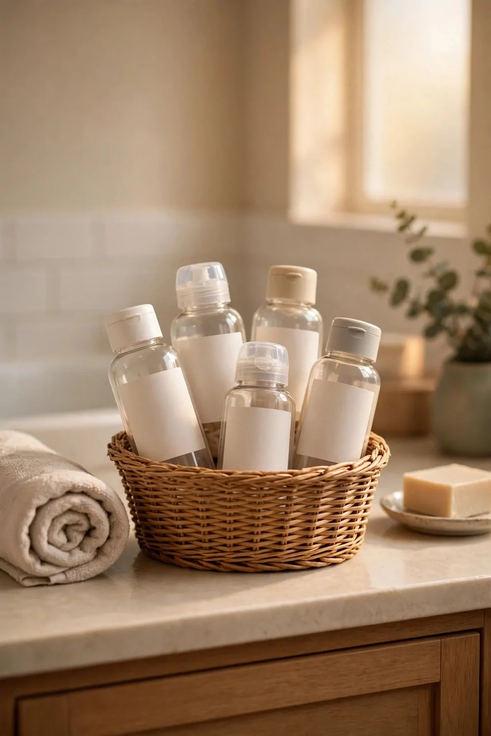 17 Guest Bathroom Ideas That Feel Like a Hotel Stay 16 A small basket of travel bottles with blank labels in a bathroom, warm light, tidy